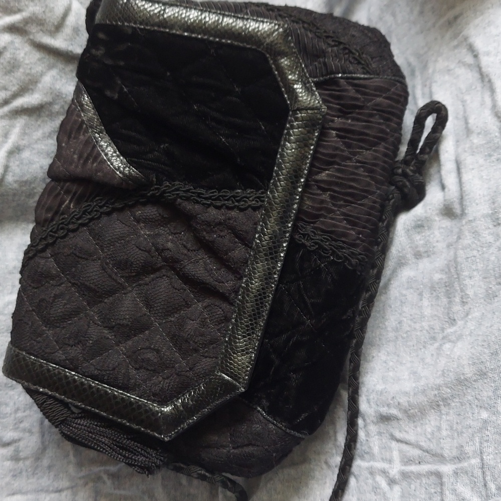 Vintage Sharif Bag - black velvet, lace, satin, leather trim